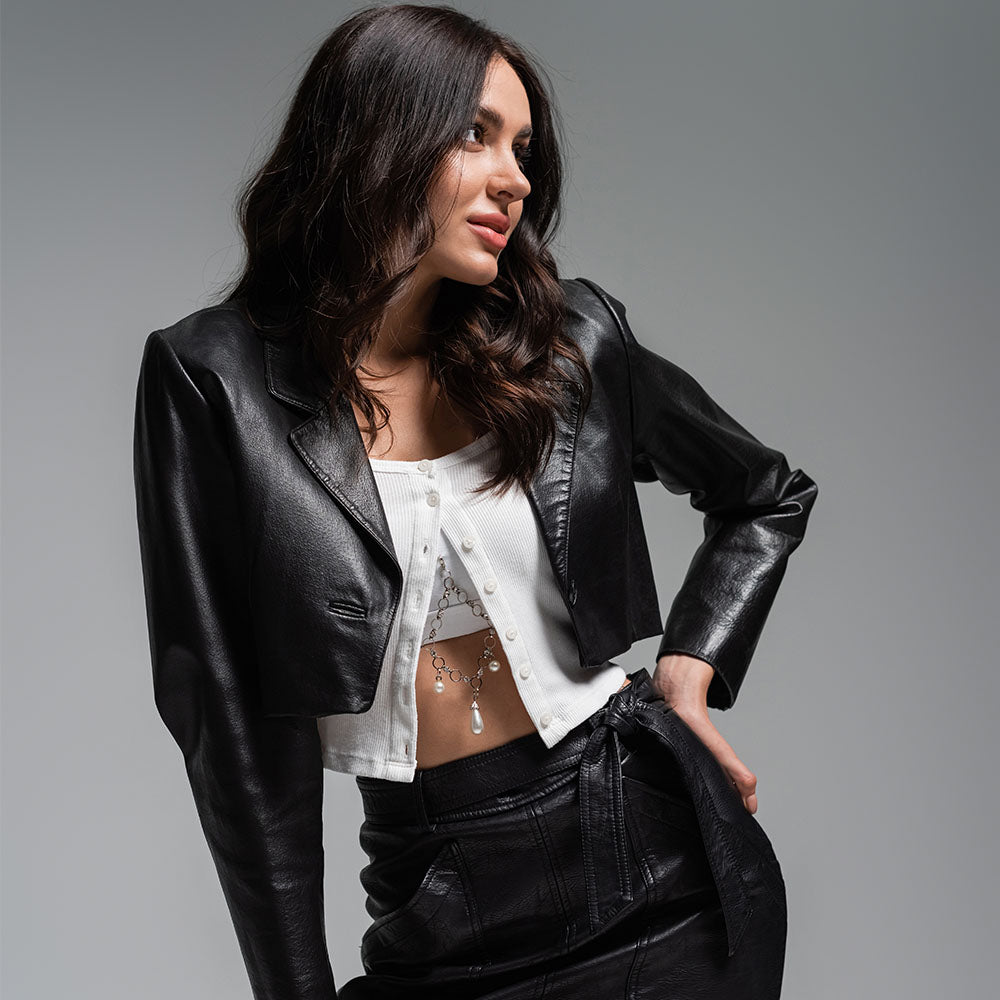 Women's Cropped Black Lambskin Leather Blazer Jacket zara