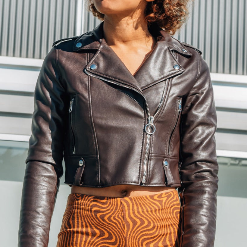 women's brown motorbike biker cropped lambskin leather jacket zara