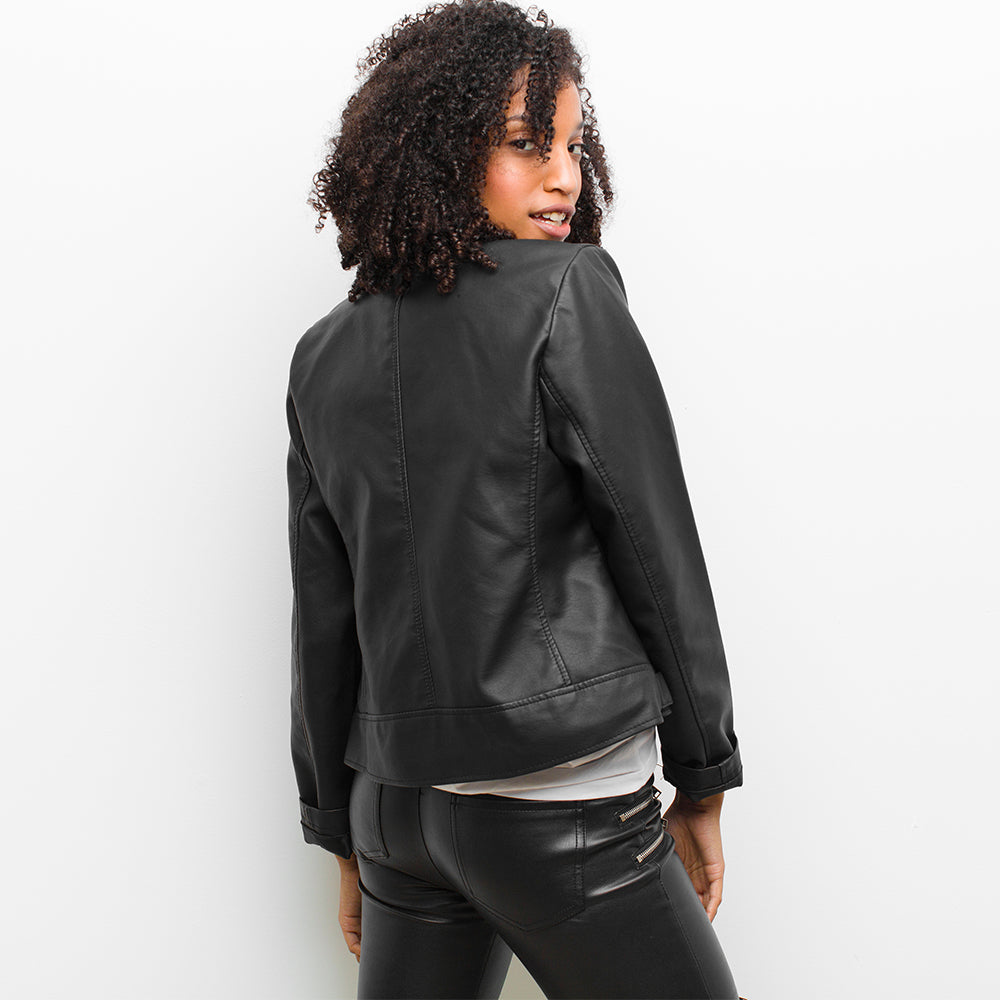 women's motorbike biker black lambskin leather jacket zara