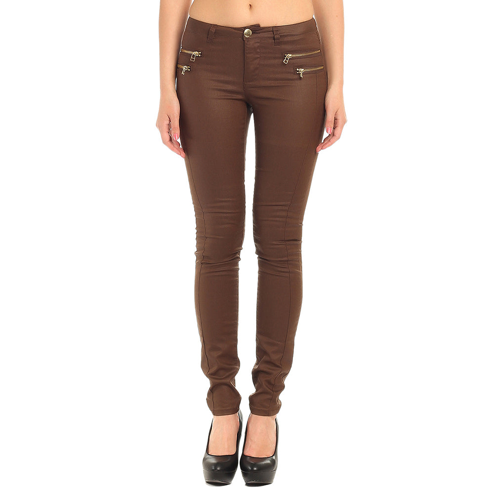 women's brown leather jeans zara