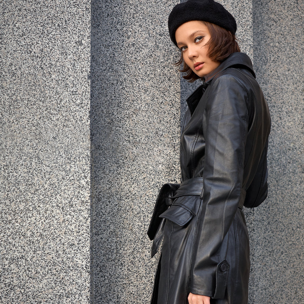 women's winter trench leather coat black zara