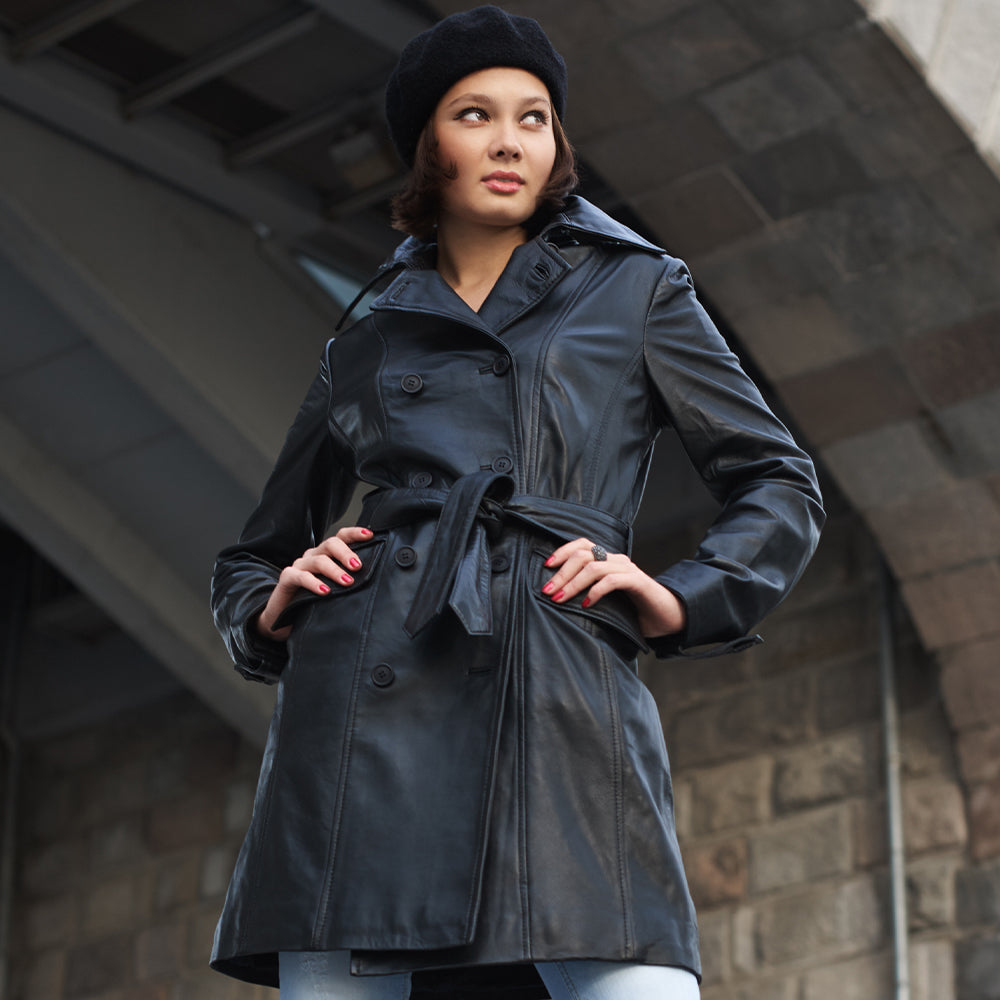 women's winter trench leather coat black zara