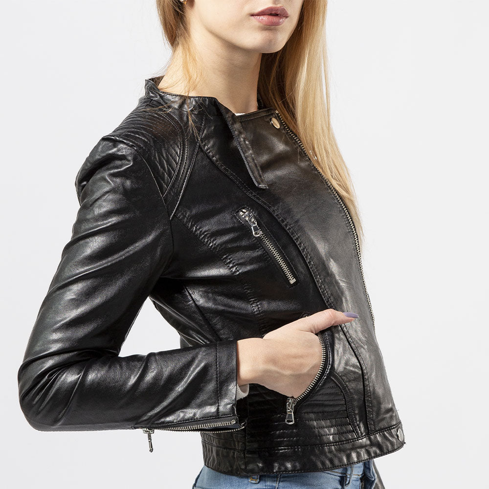 women's collarless lambskin leather jacket zara